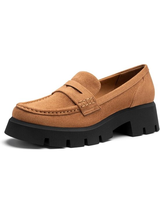 Shoes - Women's Tan Fitory Suede Chunky Platform Penny Loafers Lug Sole Slip On Flat Sho
